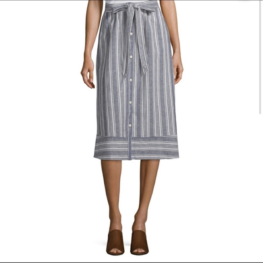 Midi Skirt linen cotton blue stripe Pockets 10
